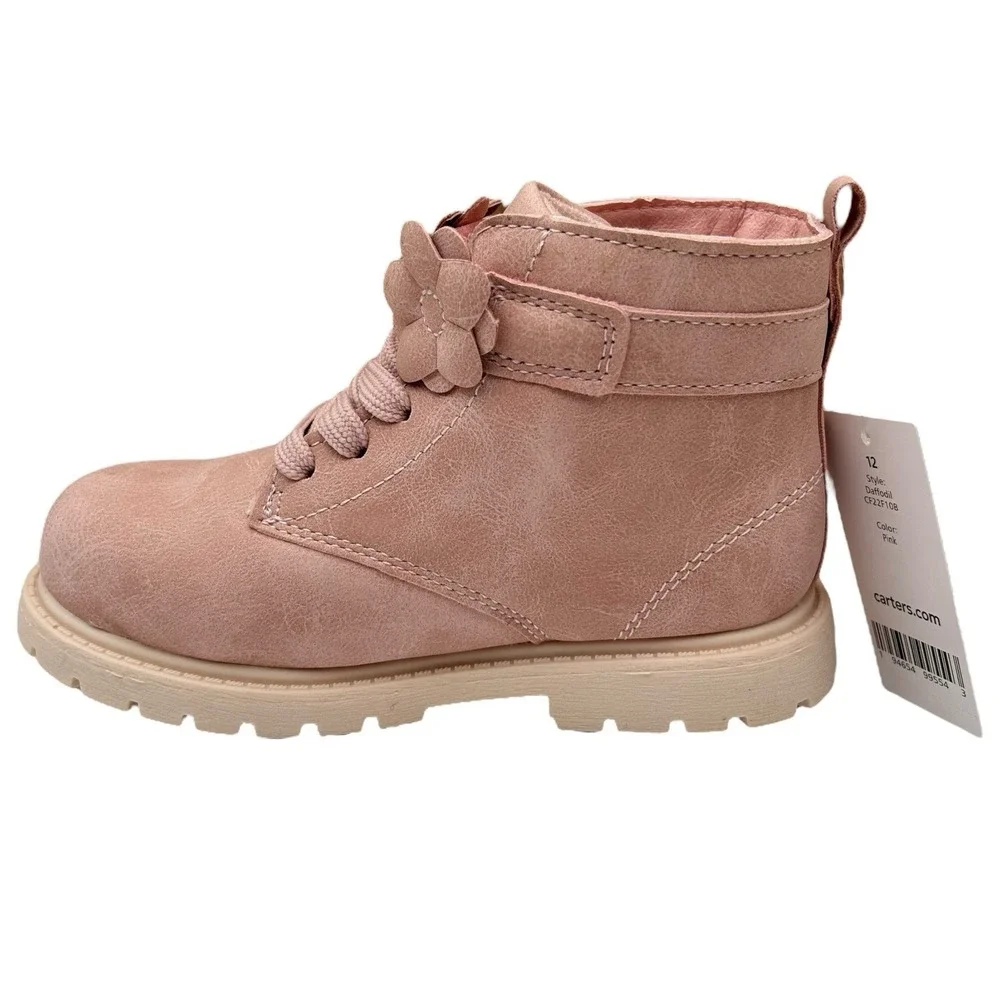 Carters Little Girls Slip-on Combat Ankle Boots Size‎ 12 Rose Pink Flower Strap